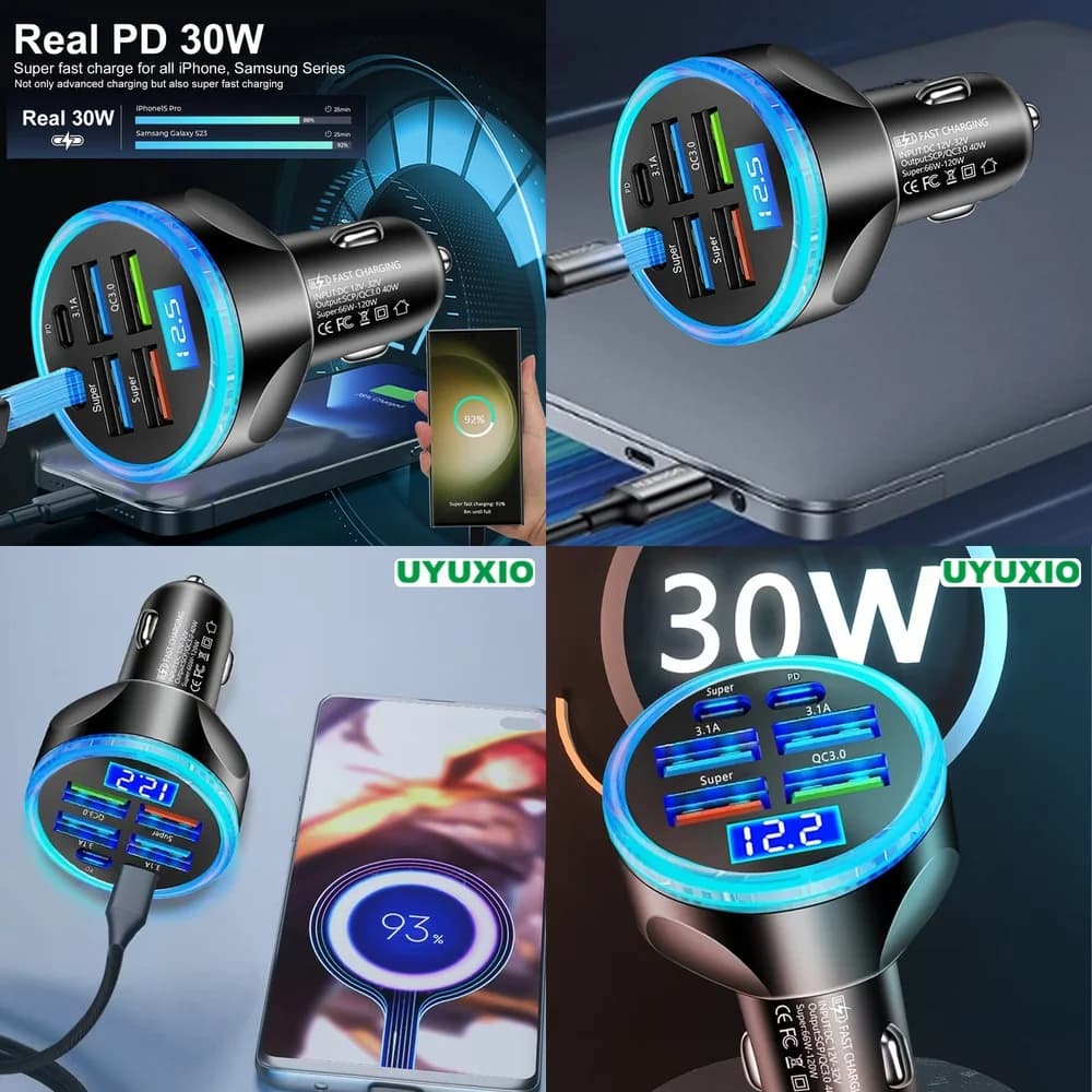 Adapter Type C USB C 6 Ports Car Charger for iPhone 17 16 15 14 Pro Max Plus Super Fast LED Digital Display PD 30W Fast Charging