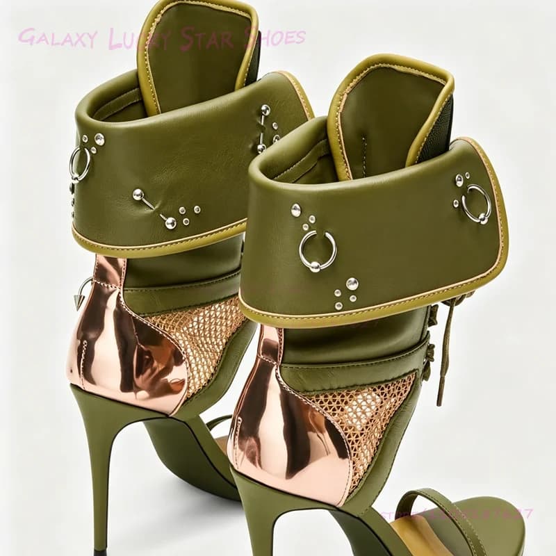 Black Metal Ring Rivet Button Sandals Dark Green Lace Up Stiletto Heels Women Round Toe Open Heels Ankle Strap Gold Summer Shoes