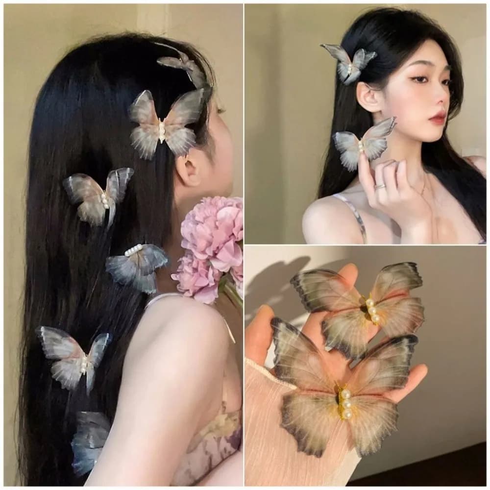 5Pcs White Butterfly Hair Clips Lace Bow Barrettes Sweet Girl Braid Hairpins Fairy Headwear Mesh Bowknot Pearl Duck Tongue Clips