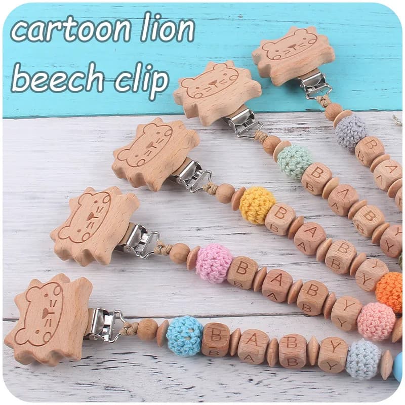 Nome personalizzato per bambino Catena con clip per ciuccio con leone personalizzato in legno Perlina in silicone Porta capezzoli fittizio fai da te Ciondolo per massaggiagengive Regalo per neonato