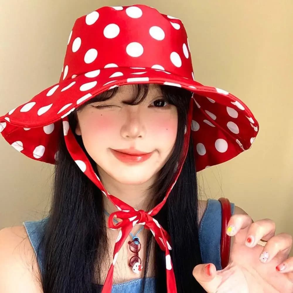 Cappello da Pescatore da Donna alla Moda con Nastro a Pois, Rosso, a Tesa Larga, Estivo, Protezione Solare, Traspirante, Visiera Parasole per Ragazza