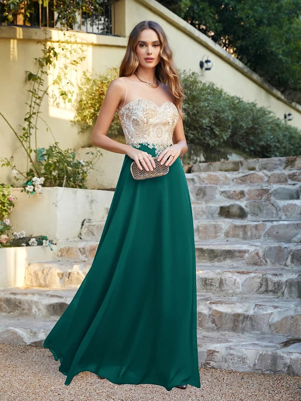 BABYONLINE abiti da sera per le donne elegante Sweetheart Golden Appqulies Zipper Wedding Party Prom Gown Backless Robe de Soiree