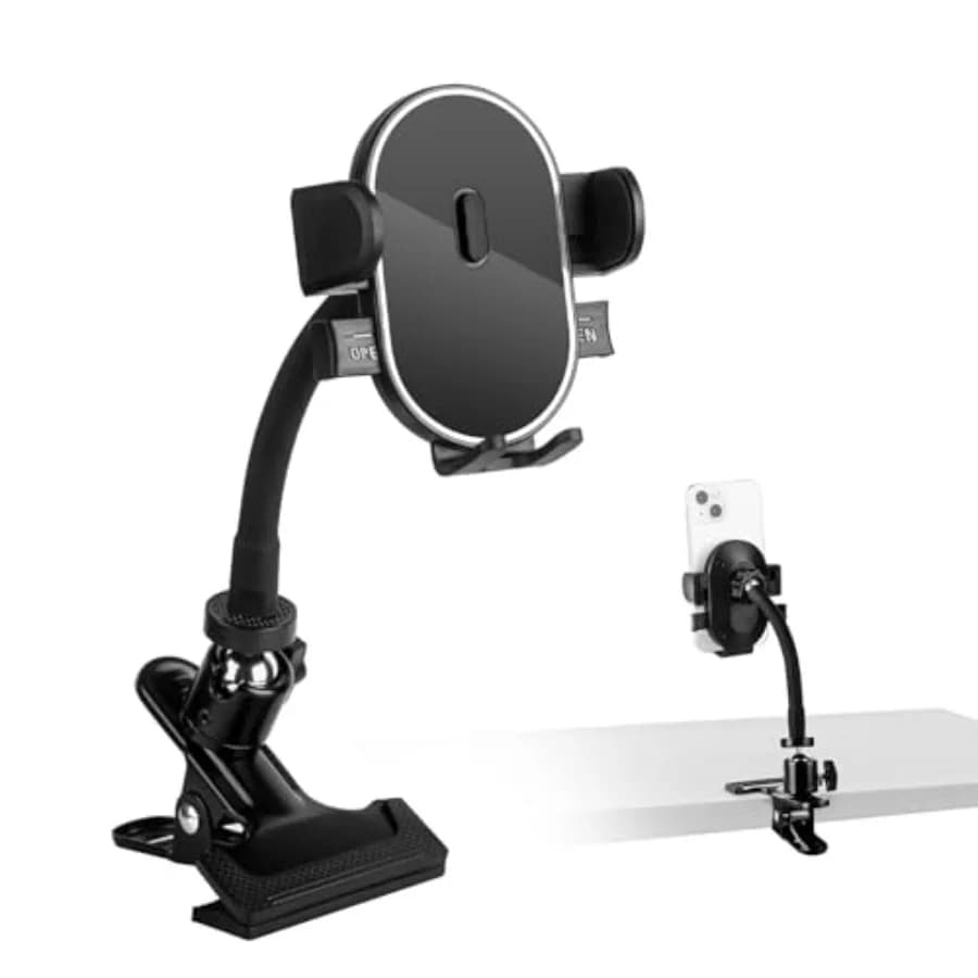 Clip Phone Holder with 360° Gooseneck Arm and Auto-Locking Clamp, Short/Medium/Long Arm Options for Desk, Mic Stand, Table, Tre