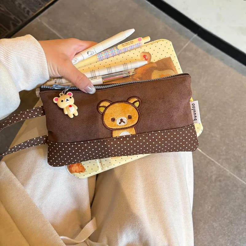Astuccio per matite Rilakkuma ricamato originale Buuuloo, grande capacità, stile a pois, Kawaii, per ragazze adolescenti, studentesse delle scuole superiori