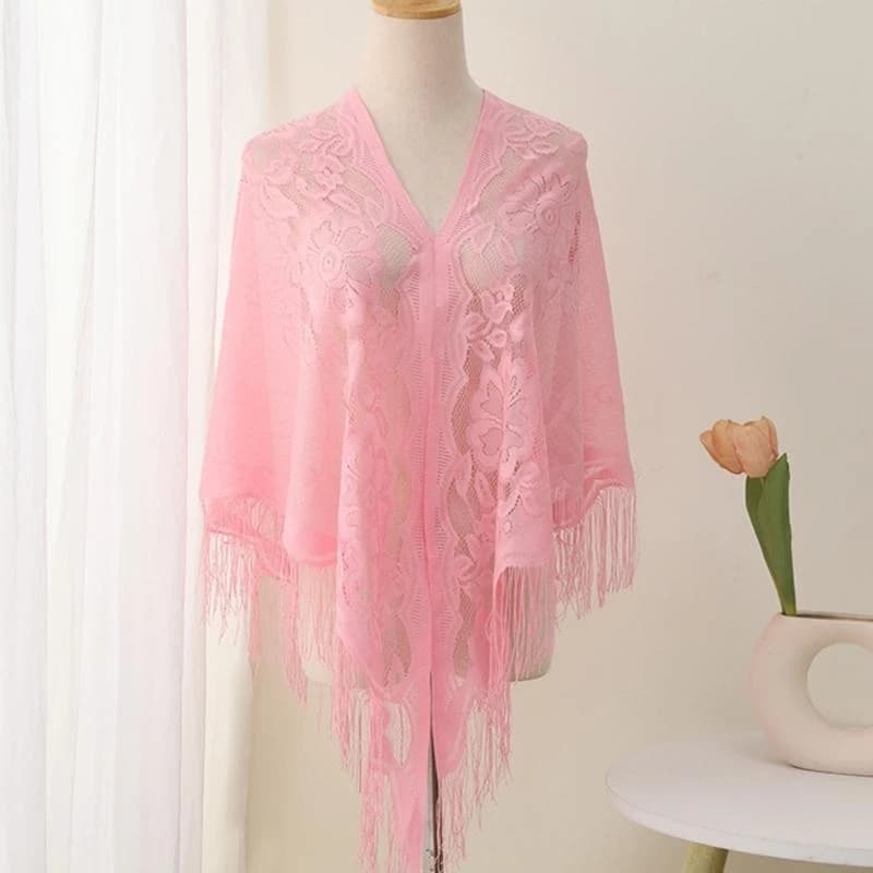 340D Lace Fringed Cover Up Hollowout Pattern Shawl for Female Formal Event Daily Wear