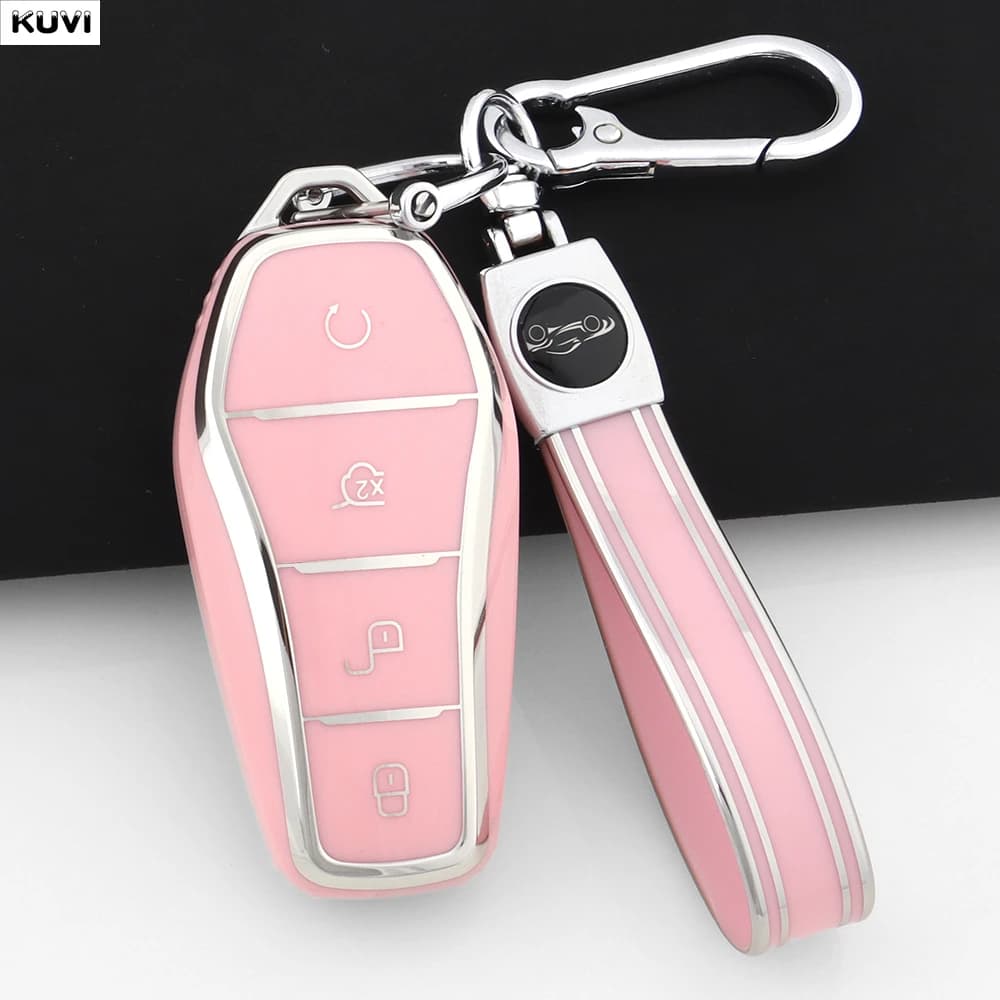 4 Bottoni Morbido TPU Rosa Chiave Dell'automobile Caso Della Copertura Borsette Per BYD Atto 3 Han EV Delfino Supporto A Distanza Fob Portachiavi Auto Bag accessori