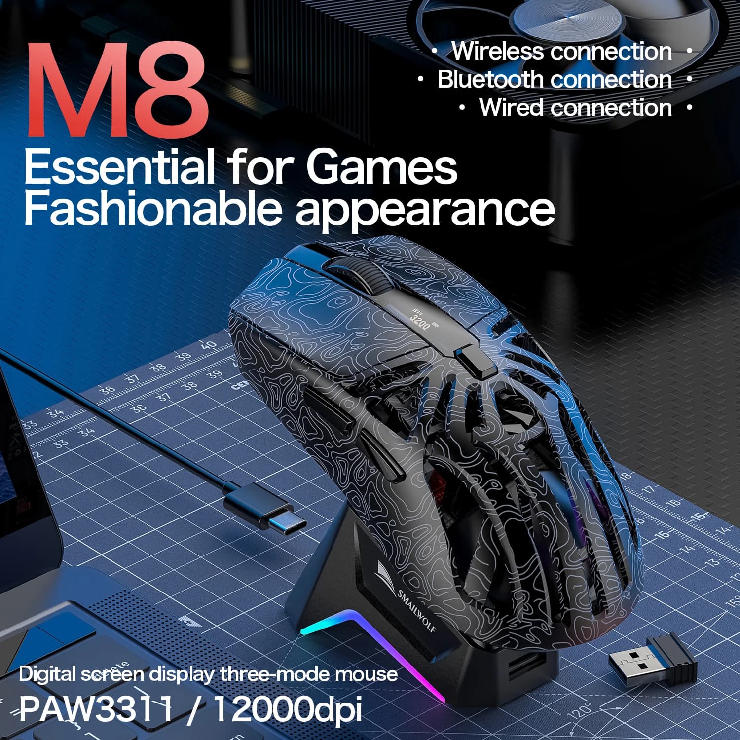 SMAILWOLF M8 Mouse wireless Bluetooth Tri-Mode Leggero PAW3311 Gaming RGB Ricarica magnetica Mouse da gioco 12000 dpi