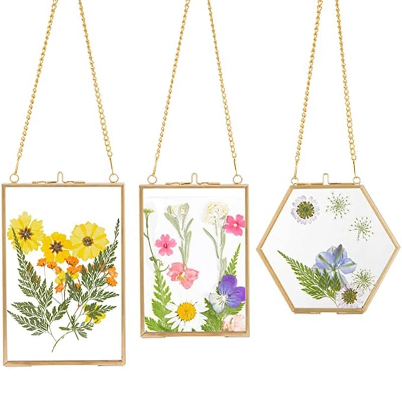 3 confezioni di cornici in vetro con fiori pressati-cornici in vetro da appendere dorate con cornici per esposizione di opere d'arte fai-da-te galleggianti a catena