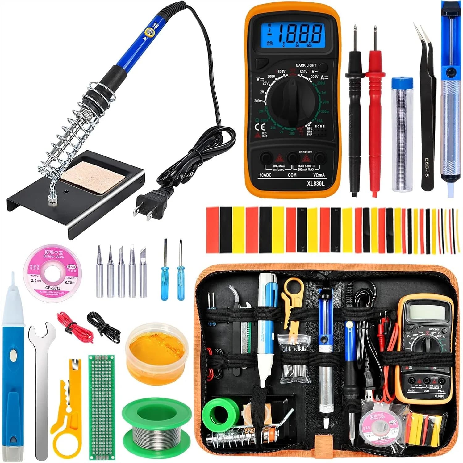 Kit saldatore 18 in 1 da 60 W a temperatura regolabile con multimetro digitale e 5 punte per saldatura di circuiti stampati e riparazione elettronica
