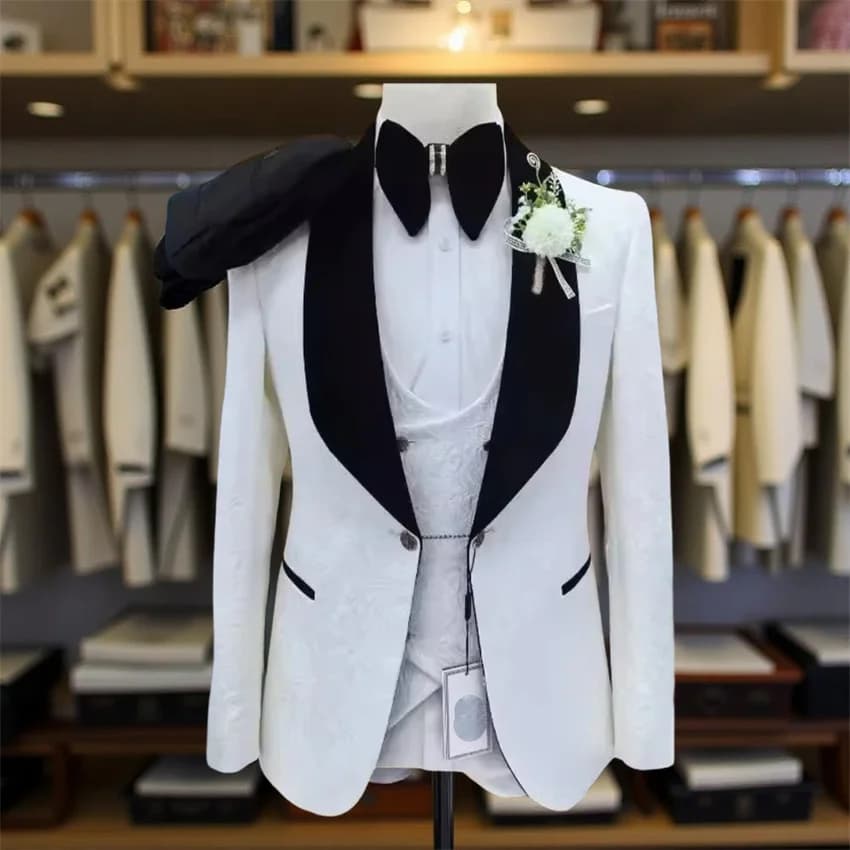 3 pezzi abiti da sposa floreali per uomo slim fit smoking da sposo jacquard groomsmen abito da ballo formale giacca con pantaloni gilet 2025