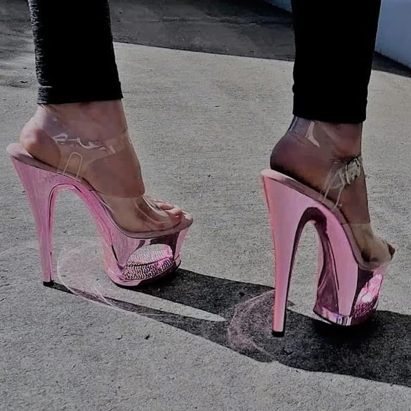 Sandali con Tacco Alto Rosa Traforati con Plateau, Cinturino in PVC Trasparente, Fibbia alla Caviglia, Sexy con Strass, Punta Aperta, Scarpe da Festa