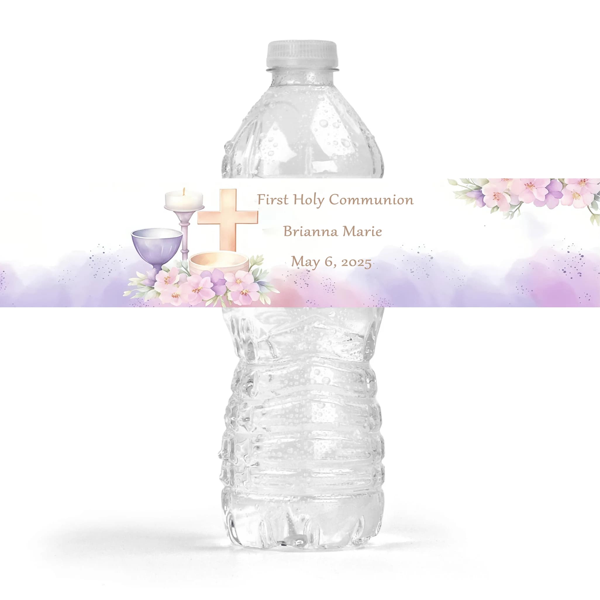 Custom First Communion Water Bottle Stickers, Simple Floral Design, Custom Name and Date, Baptism Stickers, Holiday Gift Stickers, Birthday Stickers/Wedding Stickers, Custom Sweet and Happy Birthday Stickers, Suitable for Birthdays, Baptism Parties, Weddings, Name Party Decorations, Gift Packaging, Gifts for Daughters and Sons
