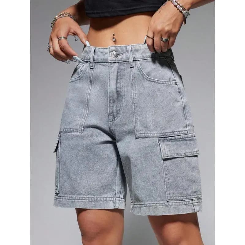 Low Waist Workwear Denim Shorts Women's Fashion Summer Loiret Style mid Stretch Super Low Waist Cargo Shorts