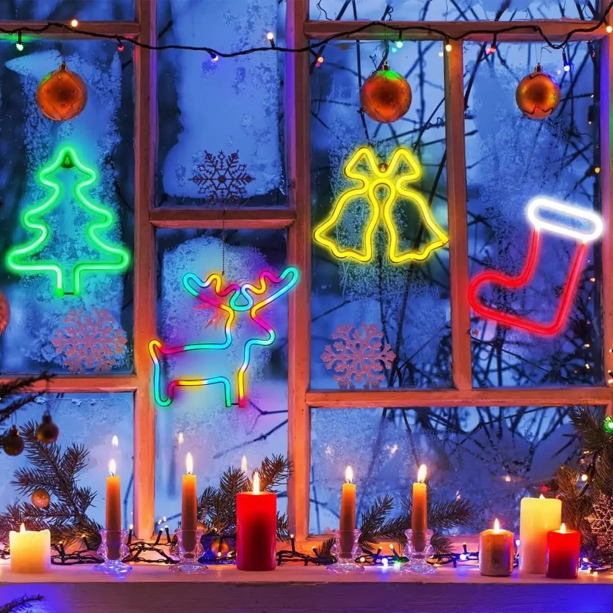 1pc albero di Natale insegna al neon con alce, calzino di Natale e albero di Natale per ghirlanda esterna decorazione per tende per finestre da giardino