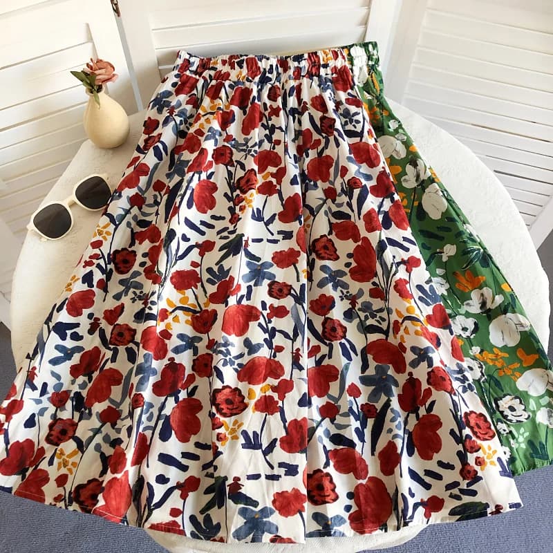 Gonna midi estiva a vita alta a trapezio da donna con stampa floreale, versatile, drappeggiata ed elegante