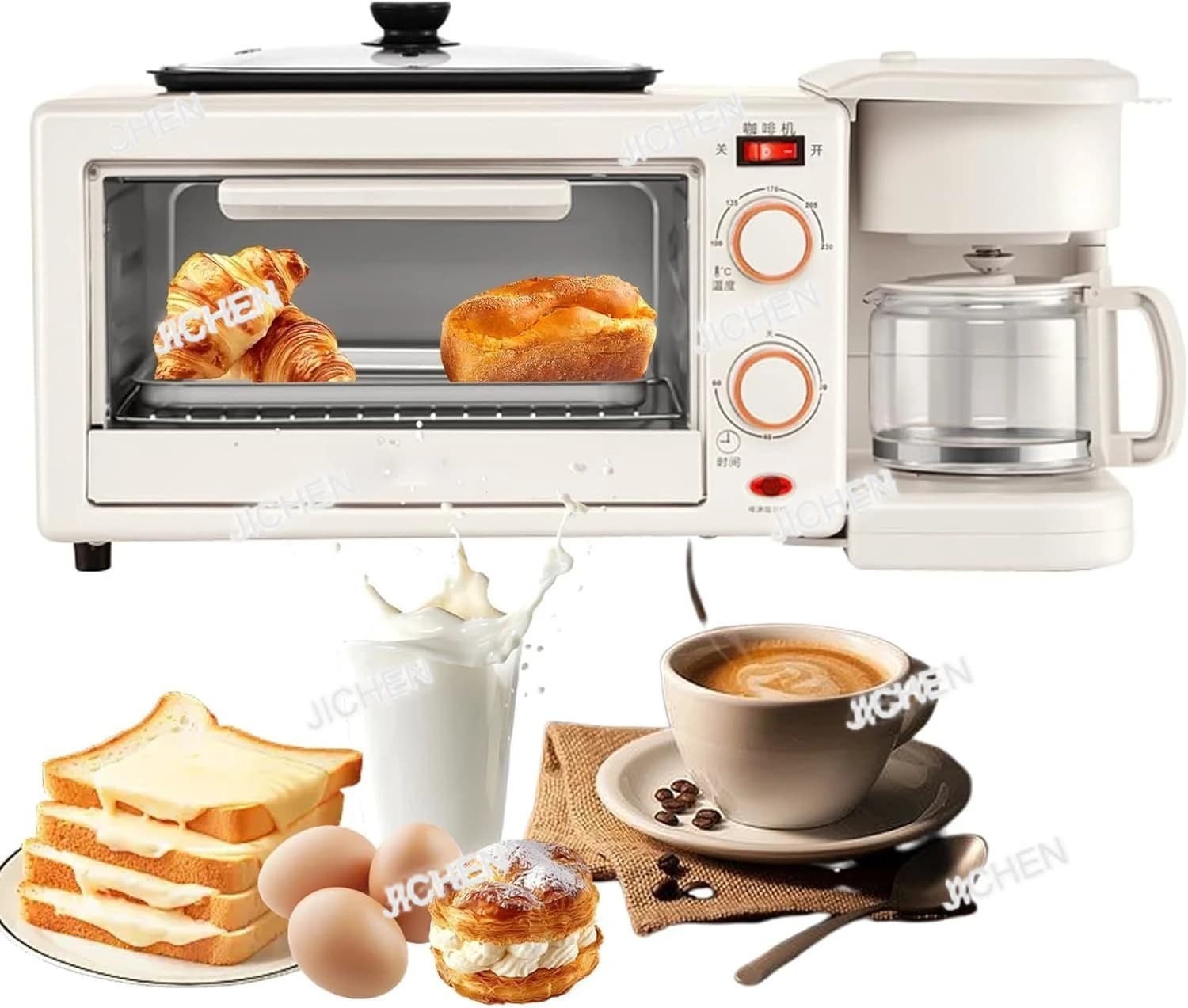 Macchina per la colazione multifunzionale ZQ 3 in 1 da 1100 W con caffettiera, 100-230 ° Controllo della temperatura e temporizzazione da 60 minuti, elettrico da 12 litri