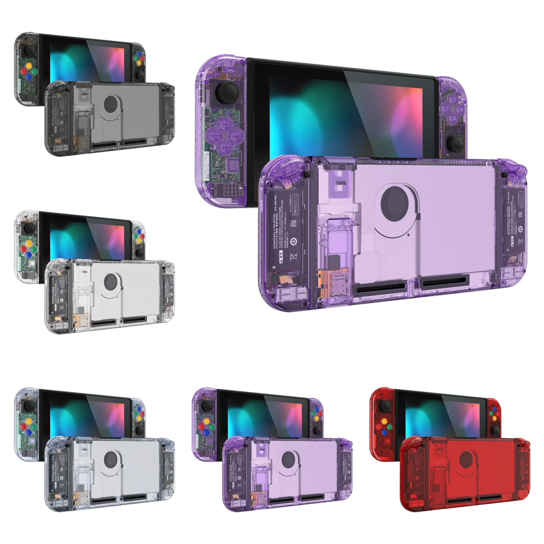 eXtremeRate Guscio posteriore sostitutivo fai-da-te con set completo di pulsanti per interruttore NS, impugnature portatili Joycon Cavalletto - Serie trasparente
