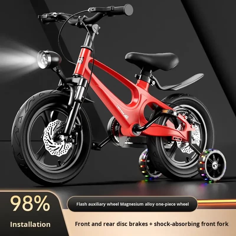Bicicletta a motore da 14 pollici di colore rosso per bambini Bicicletta da moto per bambini a 4 ruote Bicicletta per bambini di 10 anni