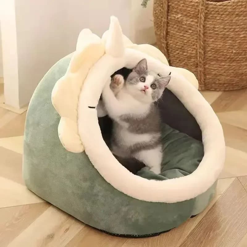 Una cuccia per gatti a forma di dinosauro, cuccia nido, grotta circolare per dormire, letto per gattini, cuccia per cani, comodo cestino per animali domestici e gattino