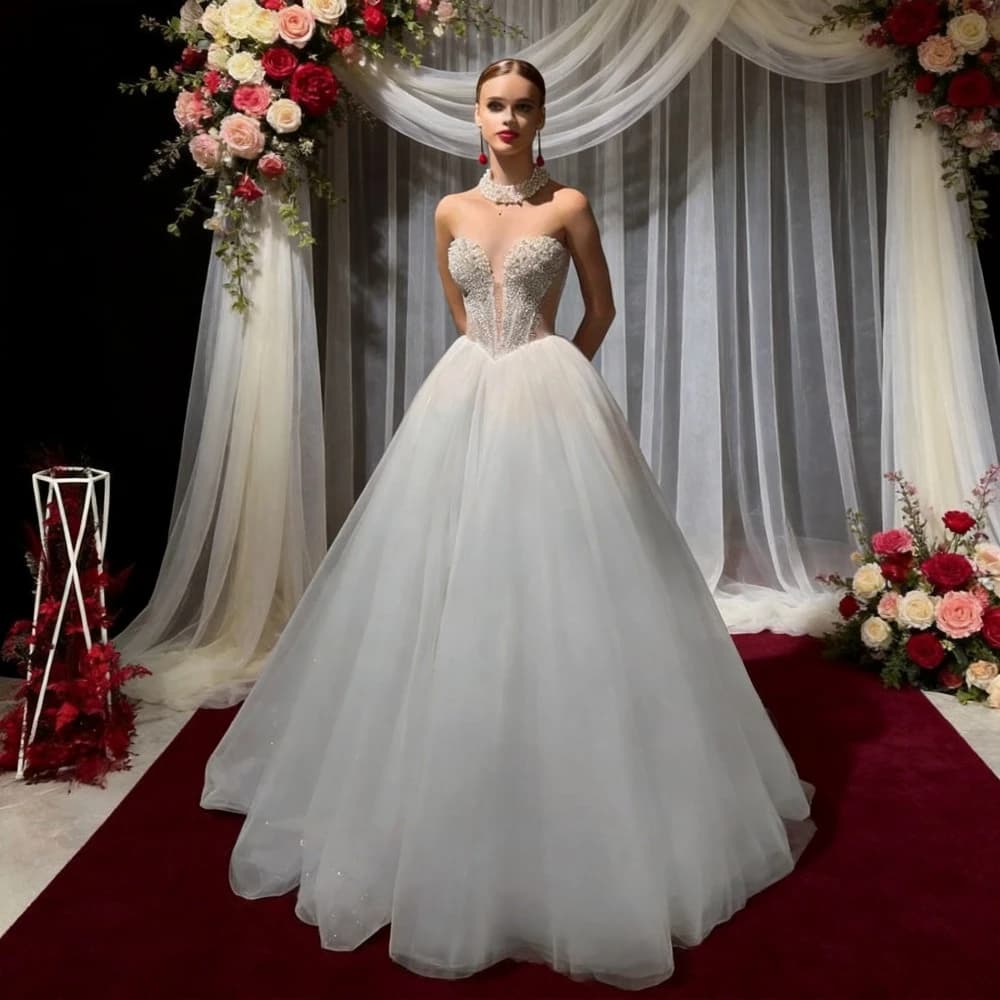 Customized Elegant Ballet Style Strapless Bridal Dresses with Pearl Tulle Skirt Backless Affordable Luxury Bridal Gown