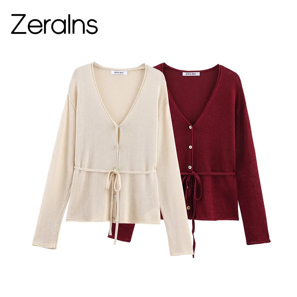 ZERAINS Summer new women clothing European style and American belt with laces V cardigan neckline knitted linen