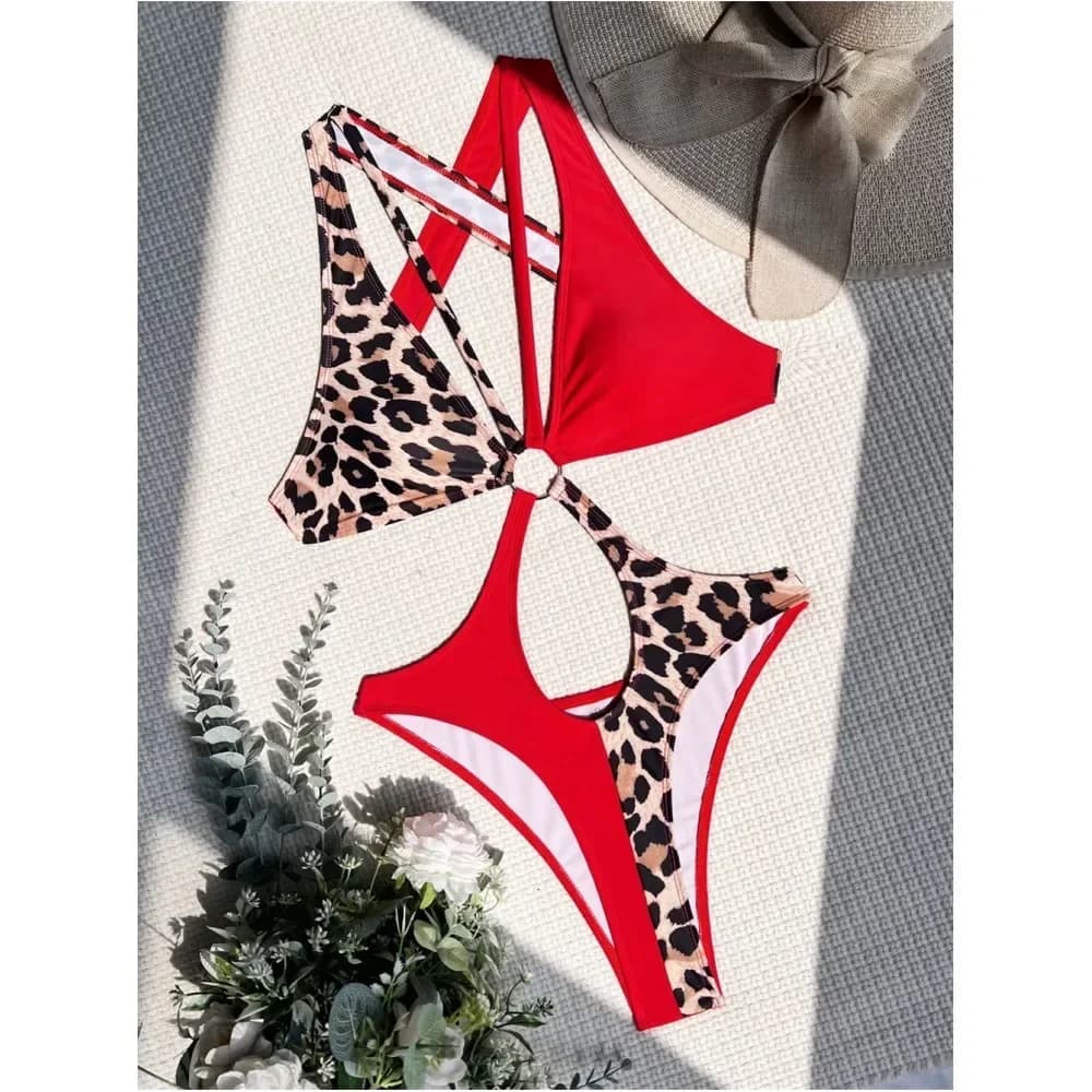 Swimwear bikini leopardato red patchwork digs out bandage monokini sexy swimsuit without back swimwear woman swimsuit Brazilian beach