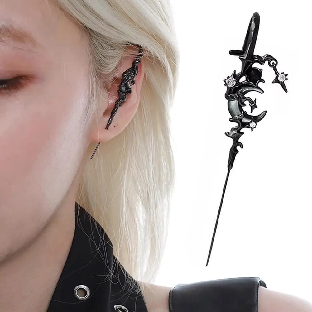 1 paio di orecchini a stella e luna con diamanti, orecchini a gancio punk, orecchini a spada gotica, accessori gioiello