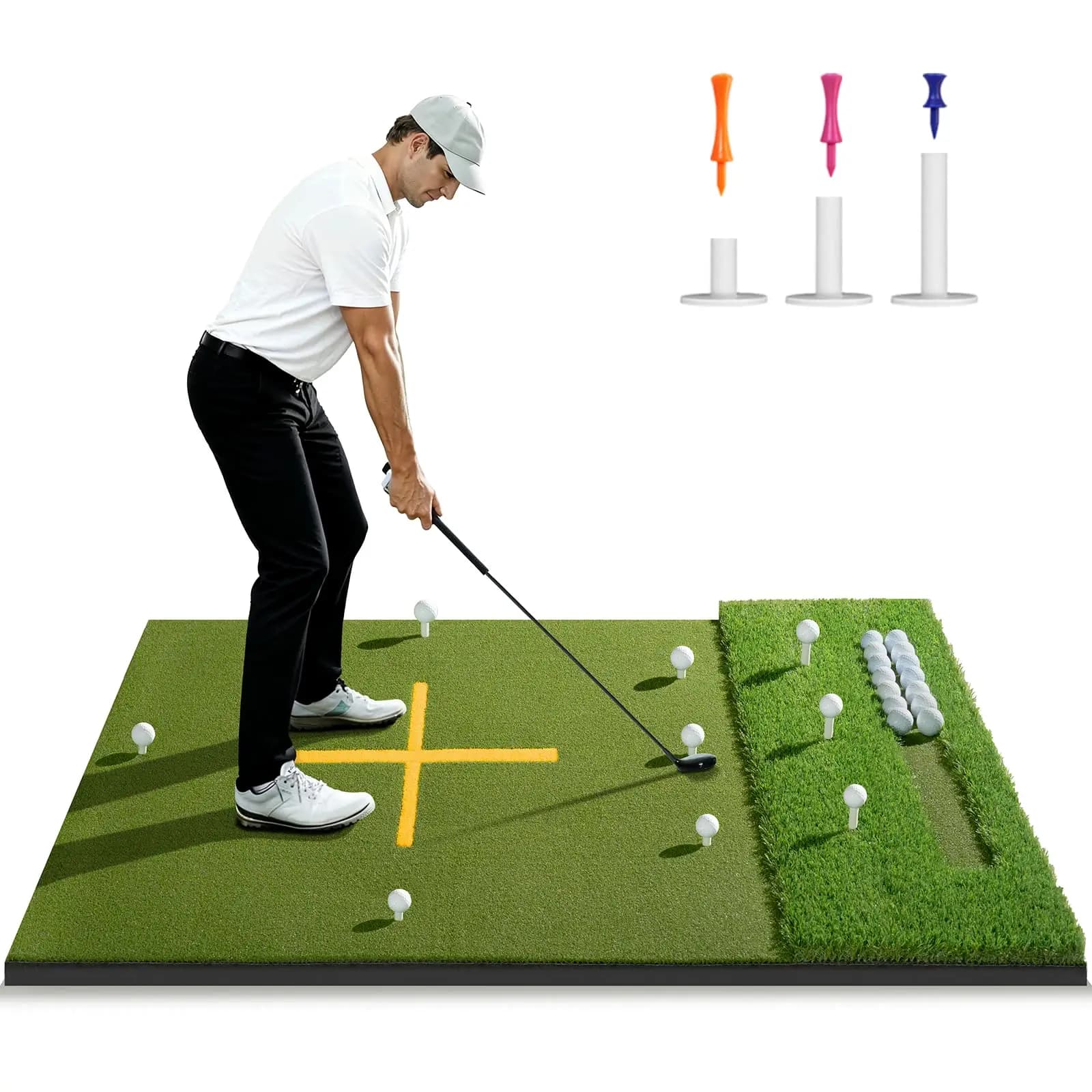 Tappetino da Golf Dual-Turf con Vassoio Porta Palline, Tappetino da Golf Rinforzato con 9 Fori di Pratica, Tappetino per Allenamento di Allineamento e Colpo, per Pratica di Swing e Drive