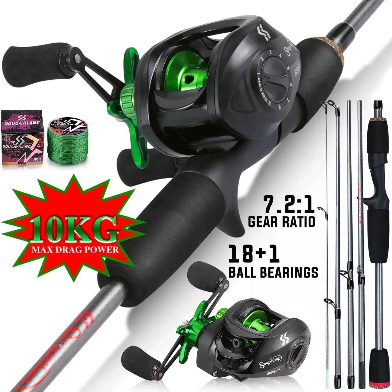 Canna da pesca Sougayilang combinata canna da lancio in fibra di carbonio da 1,7 m e mulinello da baitcasting con linea Pe gratuita trascinamento massimo 10 kg per spigola