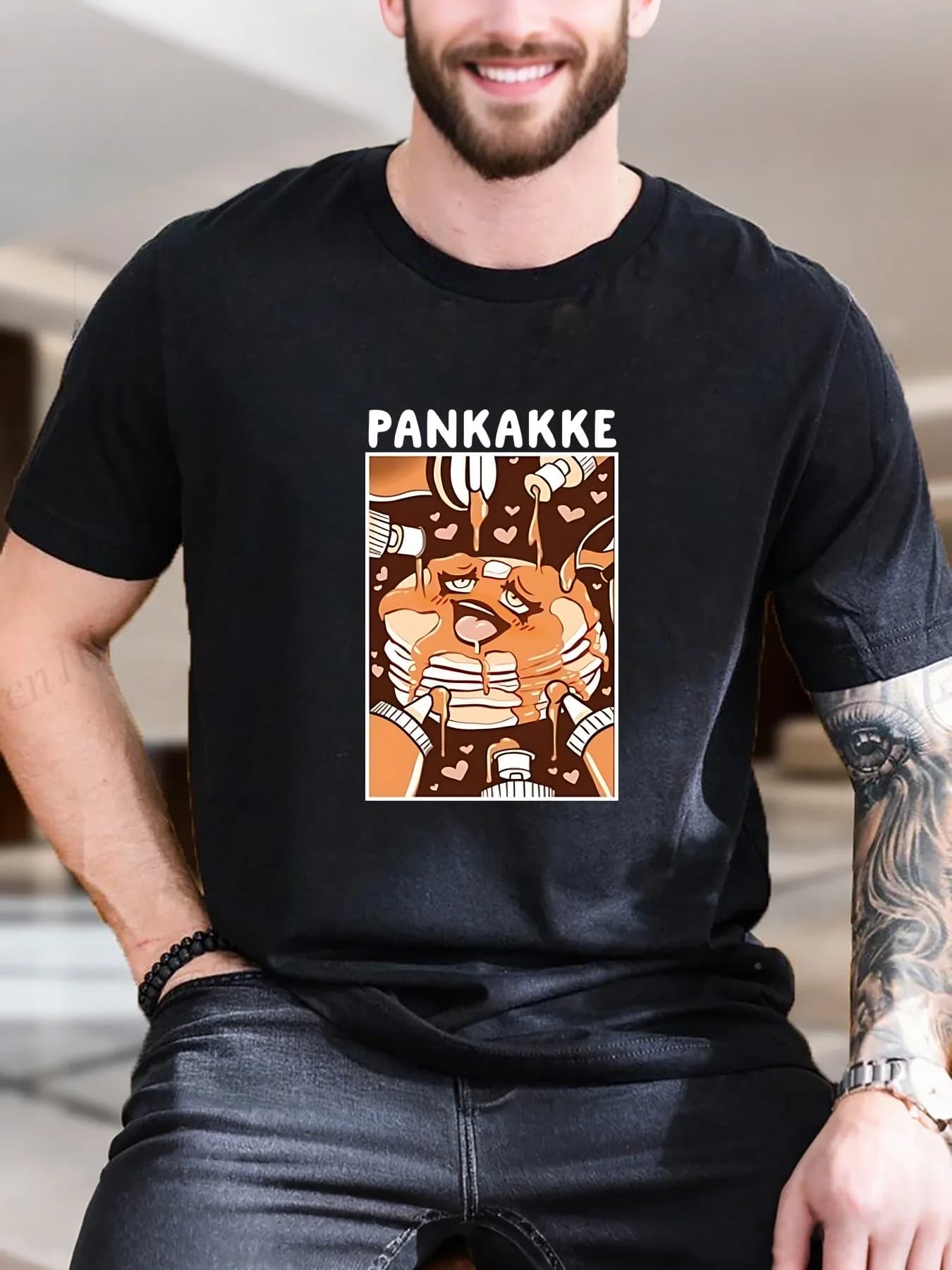 T-shirt a maniche corte con stampa grafica da uomo di nuova moda di arrivo morbido 100% cotone divertente sciroppo di pancake design casual comfort fit tendenza