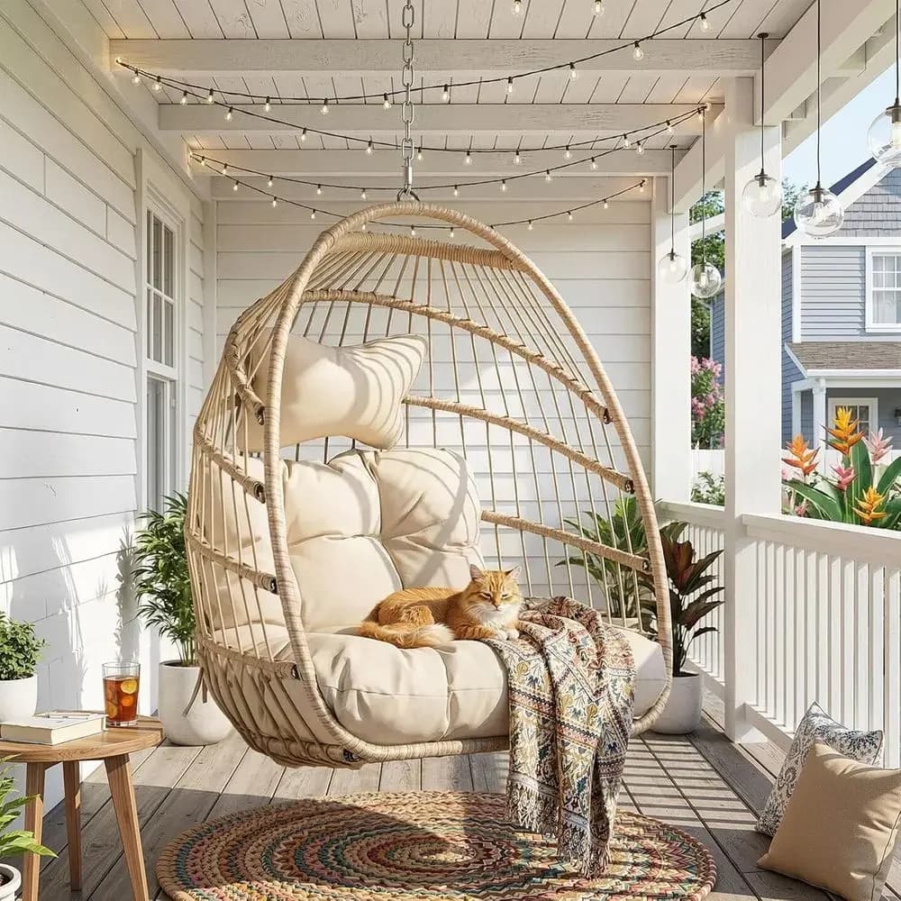 Patio Wicker Swing Egg Chair with Cushion, 350 lbs, Beige