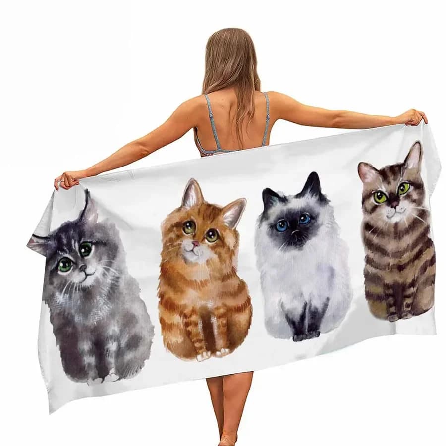 Asciugamano da spiaggia per piscina in microfibra con gatto dei cartoni animati, portatile, ad asciugatura rapida, con sabbia, per viaggi all'aperto, coperta da bagno, sottile tappetino da yoga