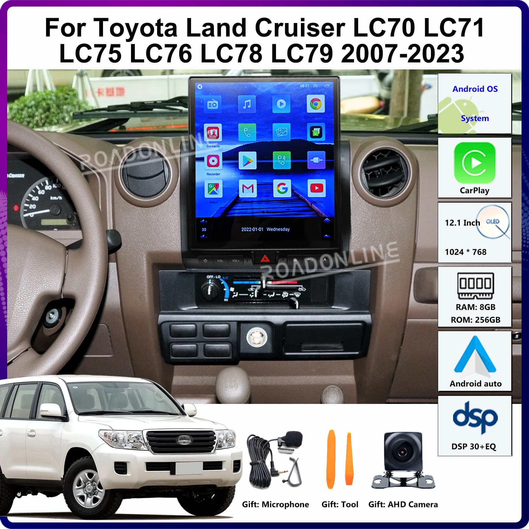 Autoradio Android 14 da 12.1'' per Toyota Land Cruiser LC70 LC71 LC75 LC76 LC78 LC79 2007-2023, Lettore Multimediale Stile Tesla con GPS