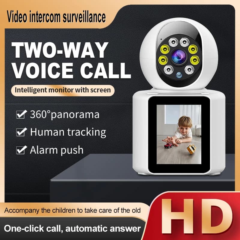 Telecamera di Sicurezza Wireless WIFI 2MP con Videochiamata, Monitor per la Protezione del Bambino, Schermo da 2,8 Pollici, Chiamata con Pulsante, PTZ con Tracciamento Automatico
