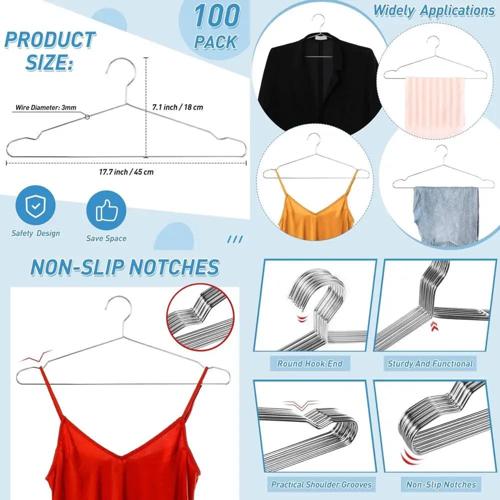 Pack of 100 Knits in Stainless Steel Wire, Ultra Subtile Dresses, Length 45 cm, Ideal for Dresses, Dresses and Cabinets for Sleepers