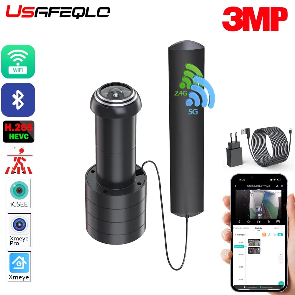 Telecamera di sicurezza iCSEE per spioncino, 3MP HD, obiettivo grandangolare 1.7mm FishEye, mini telecamera CCTV di rete Wi-Fi P2P Xmeye VMS