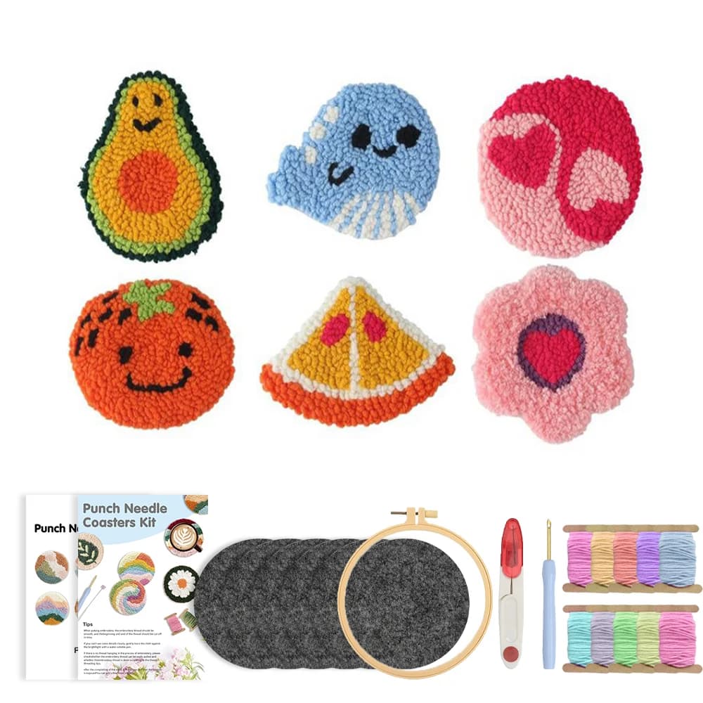 RUOPOTY 6pcs Punch Needle Coaster Diverse Fruits Diy Needle Punch Kit Wall Art Art Supplies Landscape Cross Stitch Kits For Begi