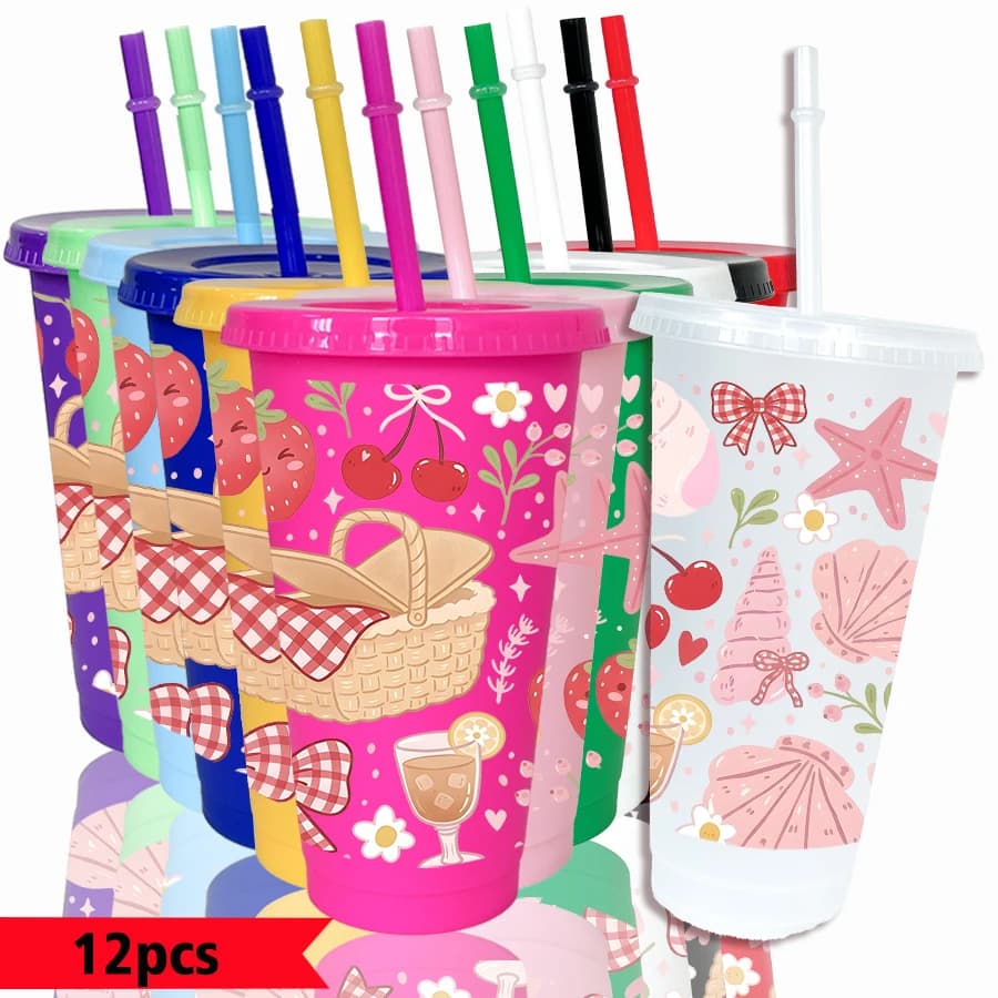 Confezione da 12 bicchieri in plastica colorata da 26oz con motivo a stella marina e cestino di ciliegie, ideali per feste, bevande fredde, regali di compleanno e per il ritorno a scuola