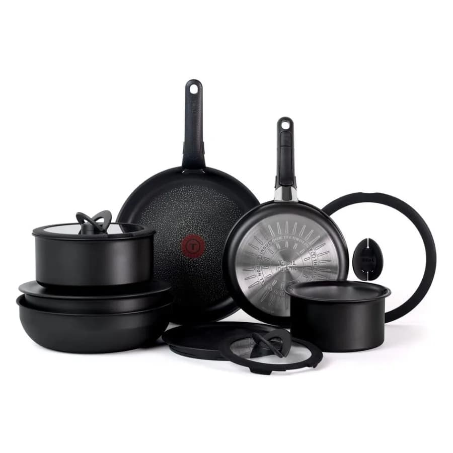 Set of 14 Pieces, Compatible with Induction and Oven, Resistant up to 500°F, Black, with Stackable Handles, for Kitchen, Camper and Camping, Panels and Drawers