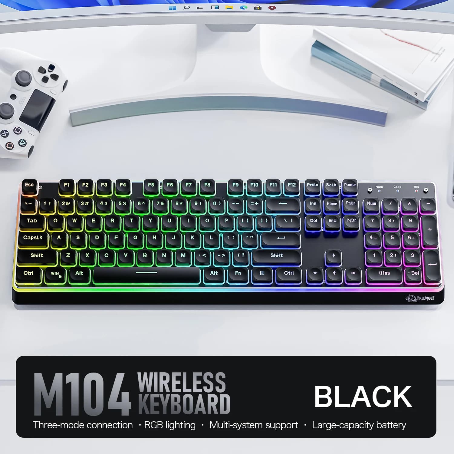 Tastiera Wireless RGB M104 Tri-Mode, Batteria Grande da 4000mAh, 104 Tasti, Ultra Sottile, Silenziosa, a Membrana, per Windows e Mac