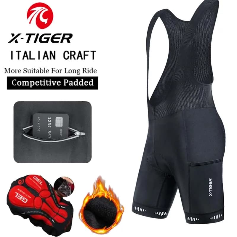 X-TIGER Shorts with thermal winter cycling braces with 5D back pocket padded in sports fleece gel shorts with hot suspenders MTB road bike pants