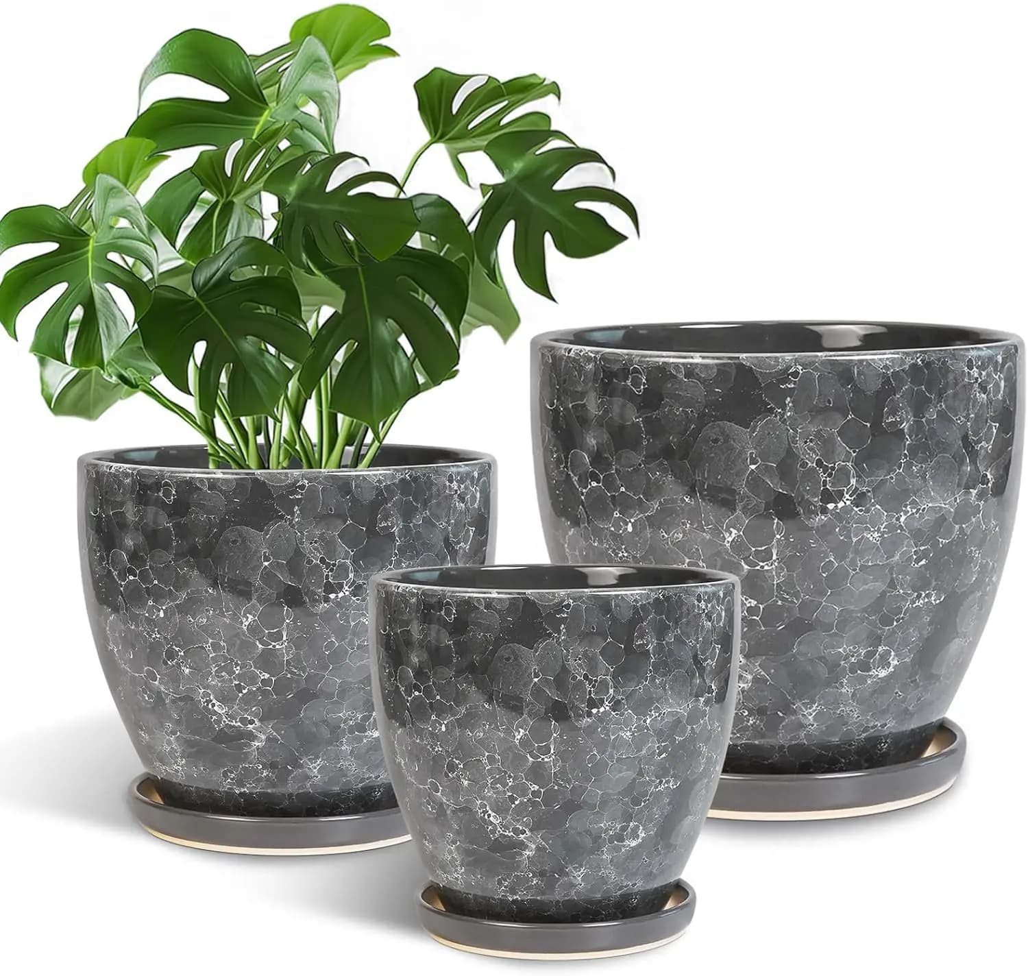 Vasi in Ceramica per Piante - Set 10+8+6 Pollici, Vasi Moderni per Interni ed Esterni, Fioriere Rotonde con Fori di Drenaggio e Sottovasi