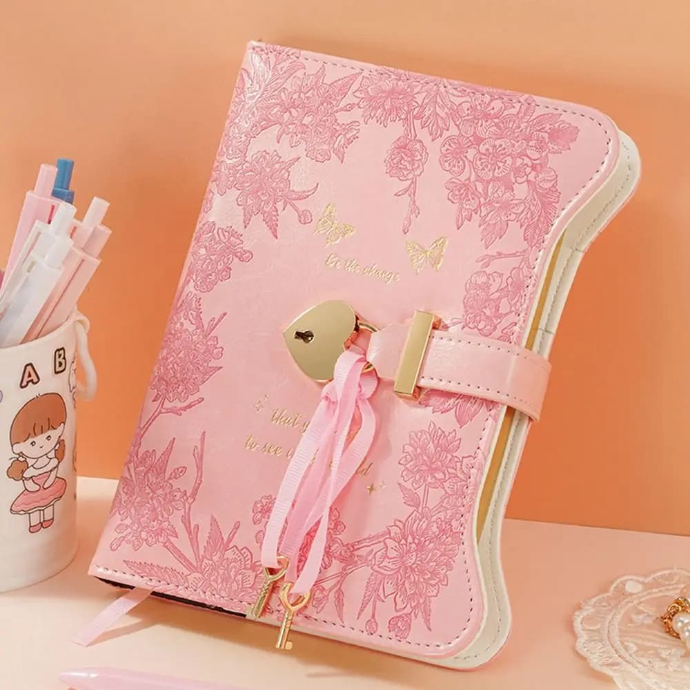 Simple with Love Lock Keys Diary Notebook 360 Pages B6 Size Notepad PU Leather Cute School Office Supplies
