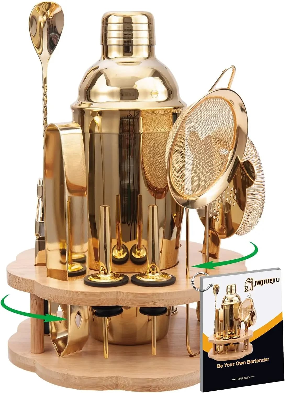 11Pc Cocktail Shaker Set with Rotatable Bamboo Stand, Stainless Steel Bar Tools for Home Mixology, Gold