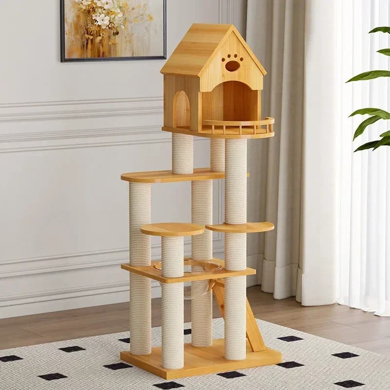 AASolid Struttura per Gatti in Legno Massello, Grande Nido per Gatti, Piattaforma Verticale per Gatti da Interno, Colonna Integrata a Villa, Prodotto di Lusso per Animali Domestici