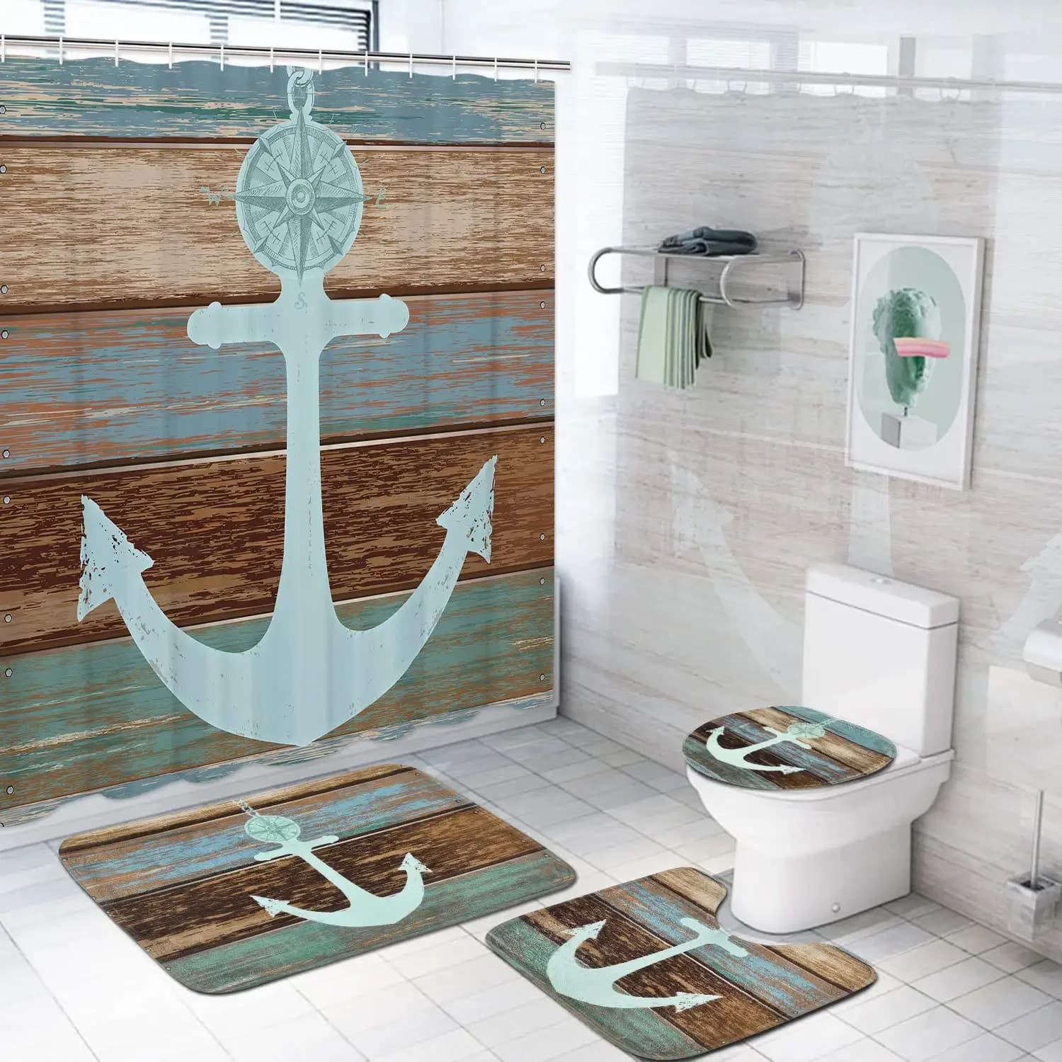 Set di tende da doccia con ancoraggio Tappeto antiscivolo Copri coperchio per WC Tappetino da bagno Set di tende da bagno impermeabili in legno rustico con ancoraggio nautico