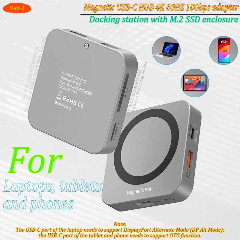 Docking Station USB-C 9 in 1 con Hub Magnetico, HDMI 4K a 60 Hz, porte USB-A/C a 10 Gbps, alloggiamento per SSD M.2 e ricarica PD da 100 W
