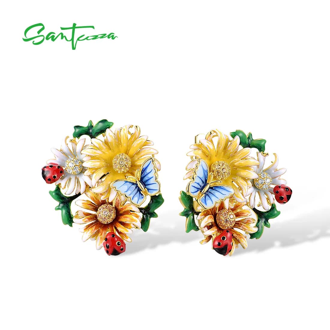 SANTUZZA 925 Orecchini in argento sterling genuino per le donne Pietre gialle Champagne CZ Fiore Cluster Farfalla Gioielleria raffinata Smalto
