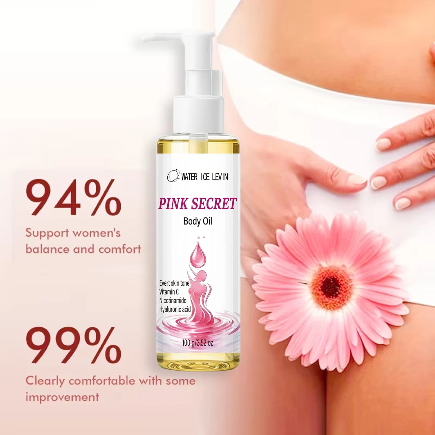 WATER ICE LEVIN Pink Secret Body Oil Moisturizing Firming with Hyaluronic Acid Vitamin C Coconut Oil for Silky Skin Daily Care