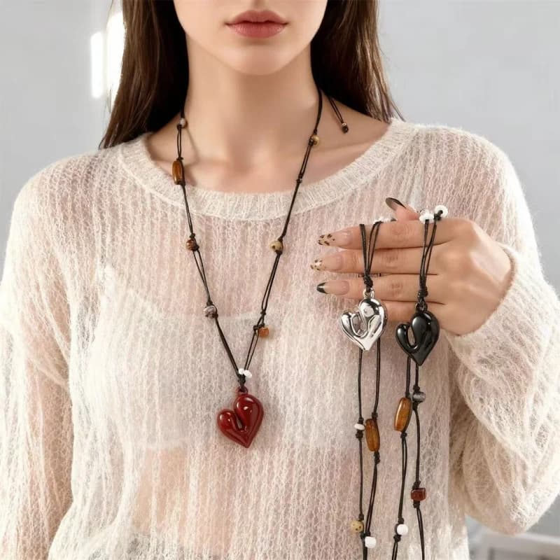 Korean Style Irregular Heart Necklace for Women with Woven Rope Beaded Pendant Daily Commute Versatile Accessory
